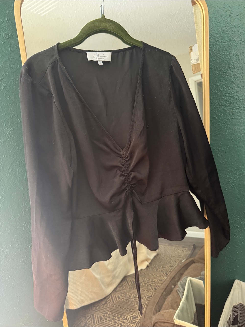 L'Academie Black Ruched V-Neck Peplum Blouse